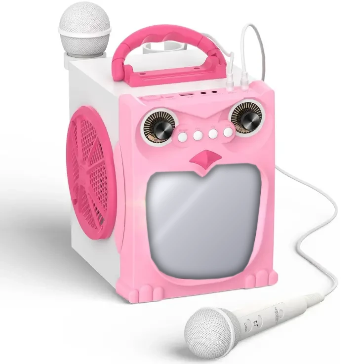 Pink EARISE K25P owl karaoke machine with a mirror belly, a carry handle and two white microphones